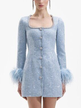 Self-Portrait SS24 Blue Sequin Boucle Feather Mini Dress